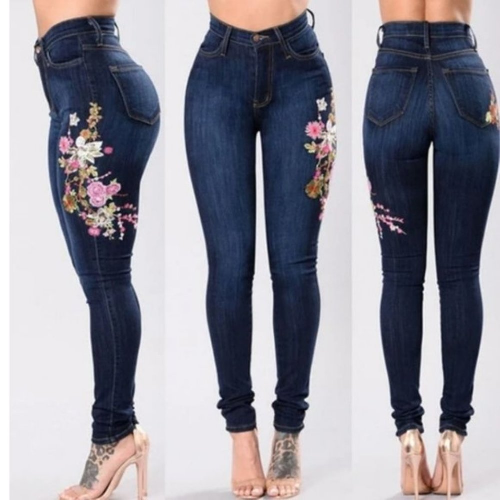 Denim Blue Jeans with Flower embroidery